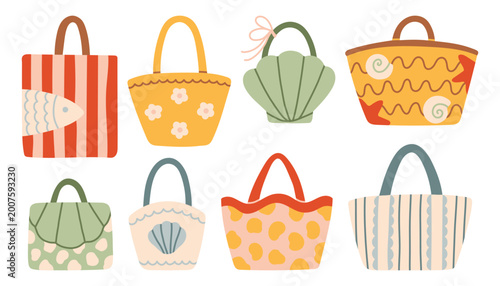 Collection of hand drawn beach bags and tote icons. Minimalist flat vector illustration of summer bags with sea shells, fish, and floral patterns. Isolated on white