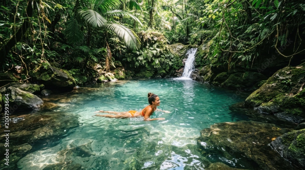 Fototapeta premium Serene tropical paradise: Woman enjoying a refreshing swim in a pristine natural jungle pool fed by a beautiful waterfall, surrounded by lush rainforest, embodying tranquility and adventure.