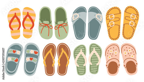 Collection of hand drawn summer shoes and sandals. Minimalist flat vector illustration of flip flops, slippers, and beach footwear doodles for vacation design. Isolated on white