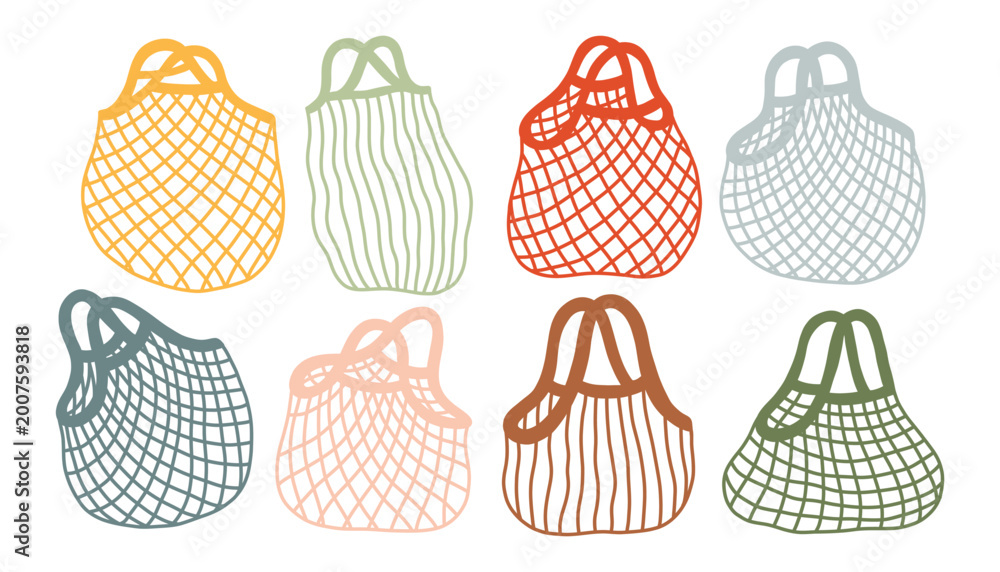 Fototapeta premium Set of hand drawn eco friendly string bags and net totes. Minimalist flat vector illustration of reusable grocery bags for sustainable lifestyle doodles. Isolated on white