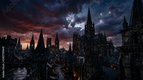 Dark gothic cathedral city under starry night sky