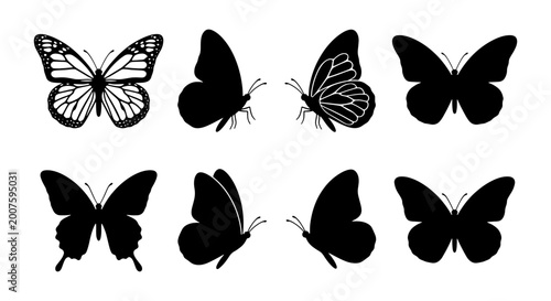 Schilderij op canvas silhouette set of butterflies black and white vector icons on a plain background