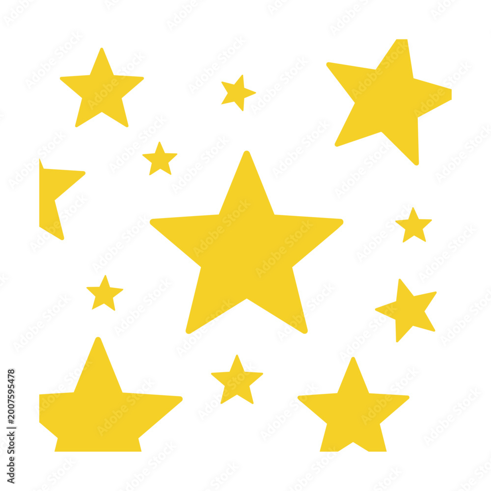 Fototapeta premium Scattered five-pointed stars in vibrant yellow arranged in a dynamic pattern isolated on white background festive decoration concept