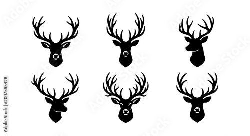 Canvastavla Deer Head Silhouettes Collection, Majestic Antlered Stag Icons, Wildlife Vector
