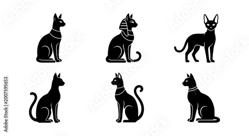 Tableau sur toile Ancient Egyptian Cat Icons, Black Silhouette Vector Set, Sacred Feline Symbols,