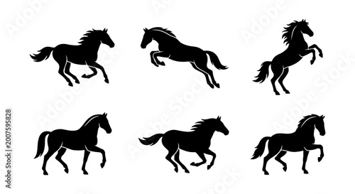 Fotografi Dynamic Horse Silhouettes Collection, Six Galloping and Rearing Equine Poses, Ve