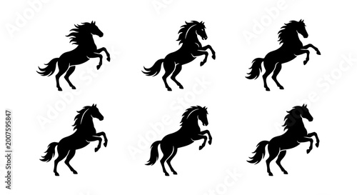 Schilderij op canvas six horse silhouettes black on white background
