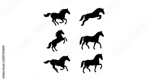 Billede på lærred black and white vector set of six running horses minimalistic design elements on