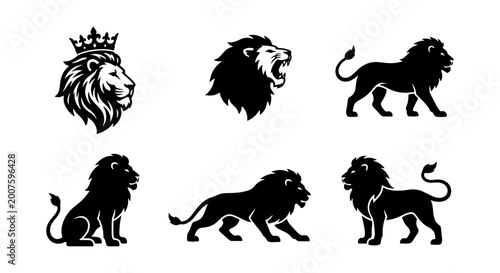 Majestic Lion Icons Set, Royal King Animal Silhouettes, Powerful Predator Vector Graphics for Branding and Design