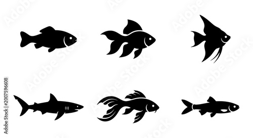 Photos Diverse Fish Silhouettes Collection, Aquatic Life Icons, Marine Animal Vector Gr