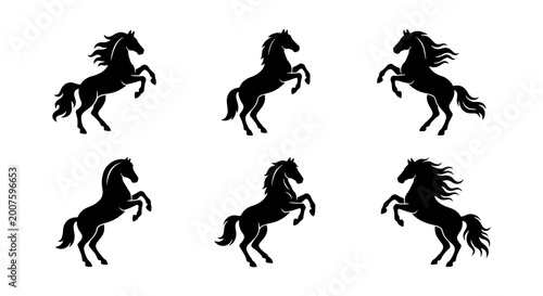 Quadro su tela Six Black Horse Silhouettes, Rearing Equine Vector Icons, Majestic Animal Graphi