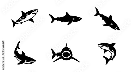 Six Black Silhouette Shark Vector Icons, Marine Predator Aquatic Wildlife Illustrations, Ocean Danger Symbols for Design
