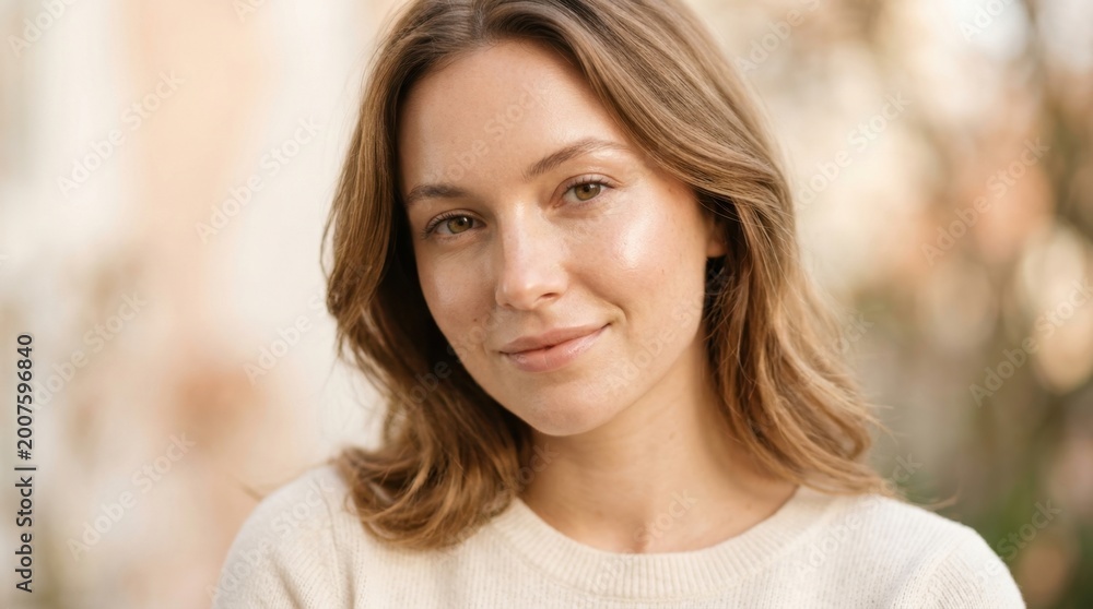 Obraz premium Close-up portrait of a beautiful young woman with radiant, healthy glowing skin and a gentle smile, exuding natural beauty and a serene confidence.