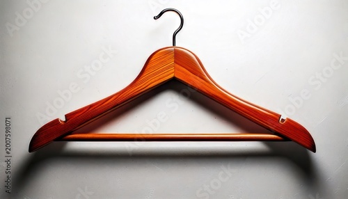 Elegant wooden clothes hanger casting a shadow on a white background.