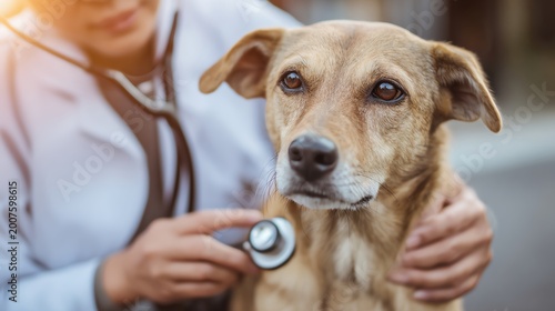 A caring veterinarian examines a dog with a stethoscope, showcasing the bond between pets and their healthcare providers. The warm environment highlights compassionate animal care.