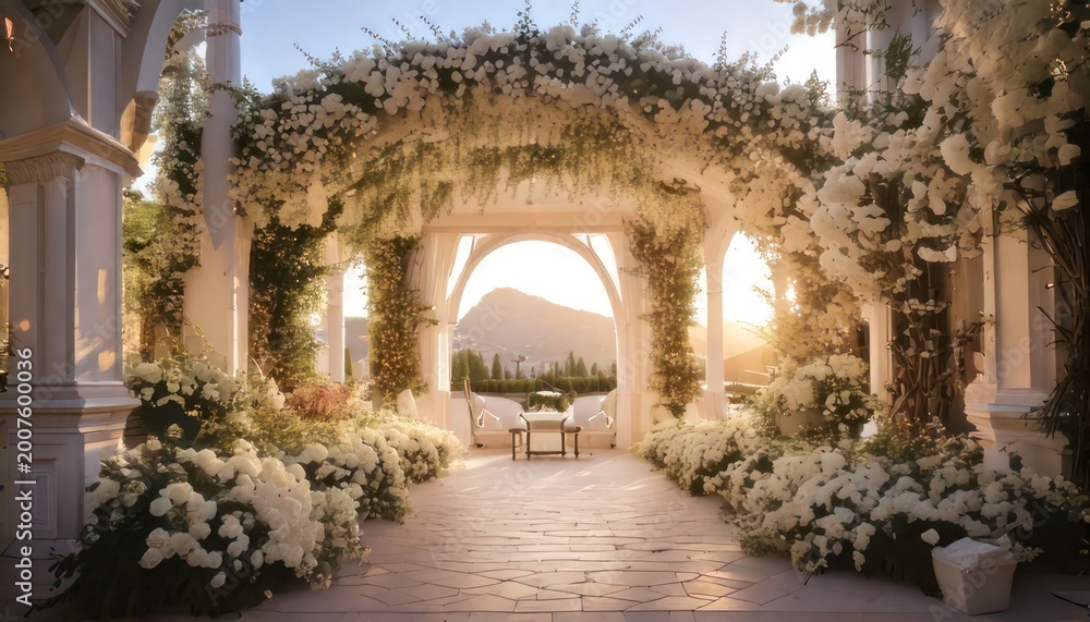 Fototapeta premium Romantic wedding archway adorned with white flowers and greenery.