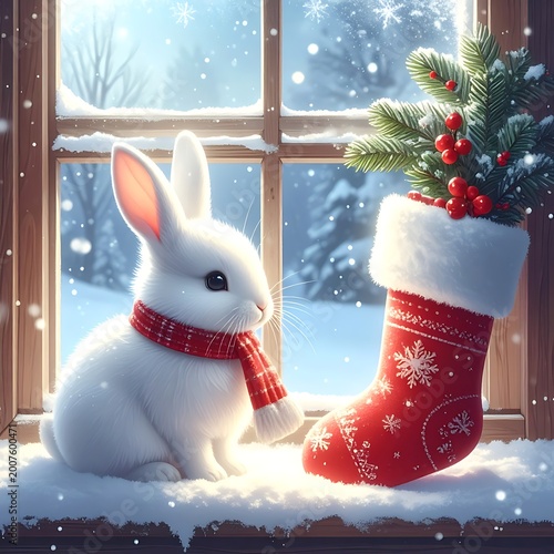 A white rabbit beside a Christmas stocking on a snowy windowsill