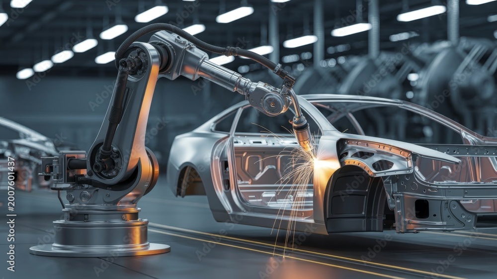 Obraz premium Close-up 3D rendering of an industrial robot welding parts in a modern car factory