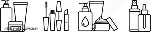 Cosmetics and Beauty Products Line Icon Set: Skincare, Makeup, and Fragrance Bottles