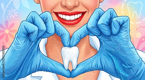 Medical professional in blue gloves forming heart shape around a white tooth. Dental care love and professional stomatology concept.