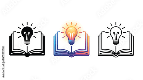 Three different styles of open books featuring a glowing lightbulb symbol representing knowledge and ideas