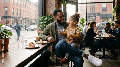 Stylish young dad with child in city cafe
