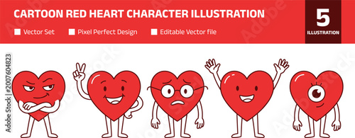Фотография Cartoon red heart character illustration featuring expressive emotions, playful