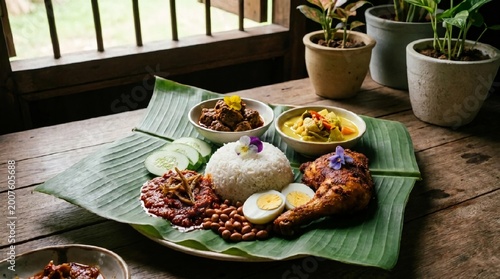 Authentic Malaysian Cuisine Platter with Chicken, Rice, and Sides