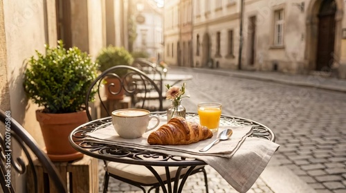 Cozy Outdoor Cafe Breakfast with Coffee, Croissant, and Juice