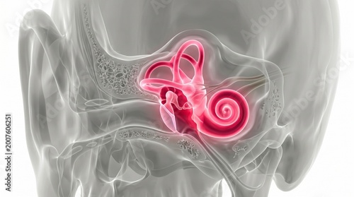 Anatomical illustration of the human inner ear, highlighting the cochlea and semicircular canals in red.