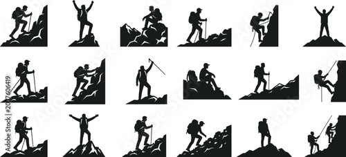 Quadro su tela Mountain climbing and hiking silhouettes set featuring climbers, trekkers and mo