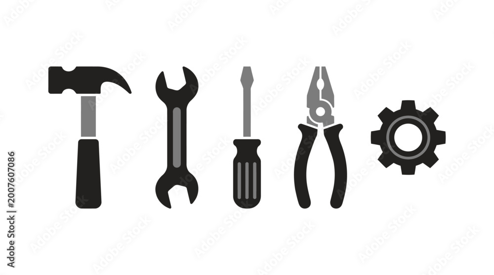 Fototapeta premium Collection of essential tools including hammer, wrench, screwdriver, pliers, and gear for mechanics and DIY projects