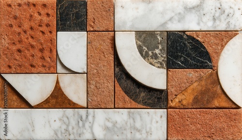 Decorative tile pattern featuring marble and terracotta accents with geometric shapes and contrasting textures