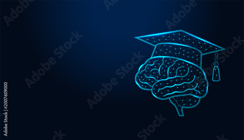 Low poly wireframe brain with graduation cap on dark blue background.