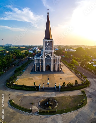 Aerial view of a large white church with a tall steeple