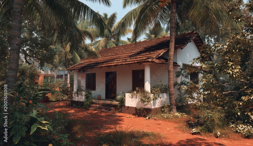 Obraz premium Traditional kerala single-story house with white walls and red-tiled roof surrounded by palm trees