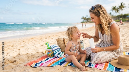A mother applies SPF sunscreen to her child on the beach—symbolizing sun safety and the importance of protecting children’s skin with sunblock during outdoor summer and family activities.