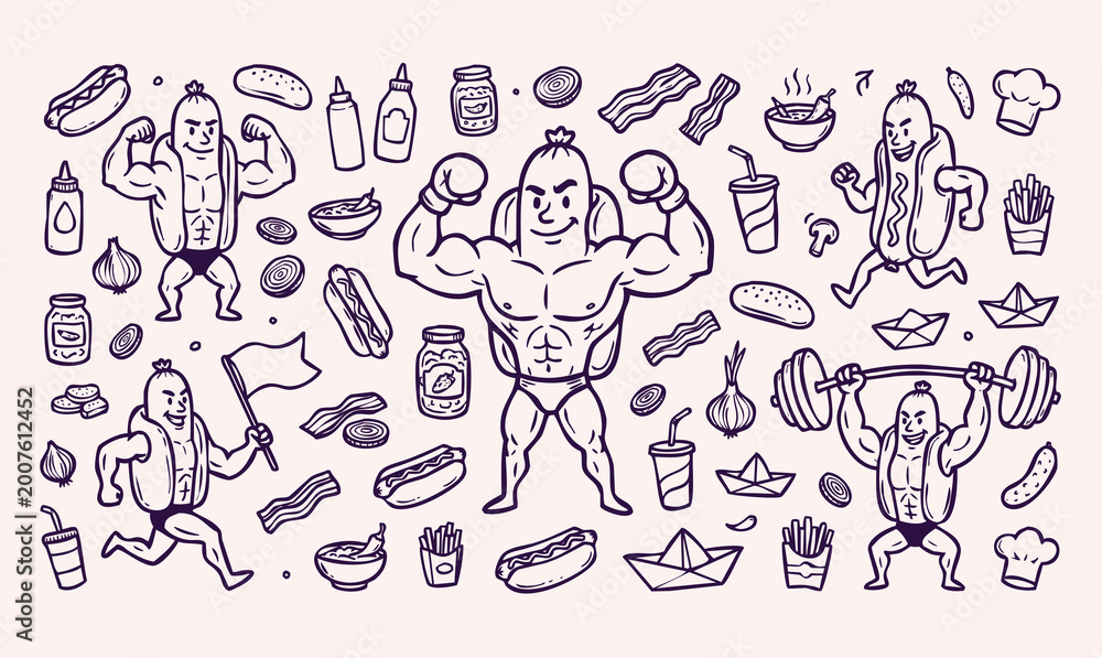 Obraz premium Vector doodle set of hotdog mascots with street food elements. Hand-drawn black line art collection of fast food characters and icons isolated on a light background.