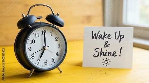 A classic black twin bell alarm clock sits on a yellow wooden surface next to a white card with the handwritten message Wake Up Shine time morning reminder early start day