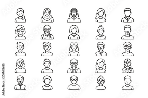 Diverse people avatar line editable stroke icon set containing different nationalities ages and genders vector illustration pack
