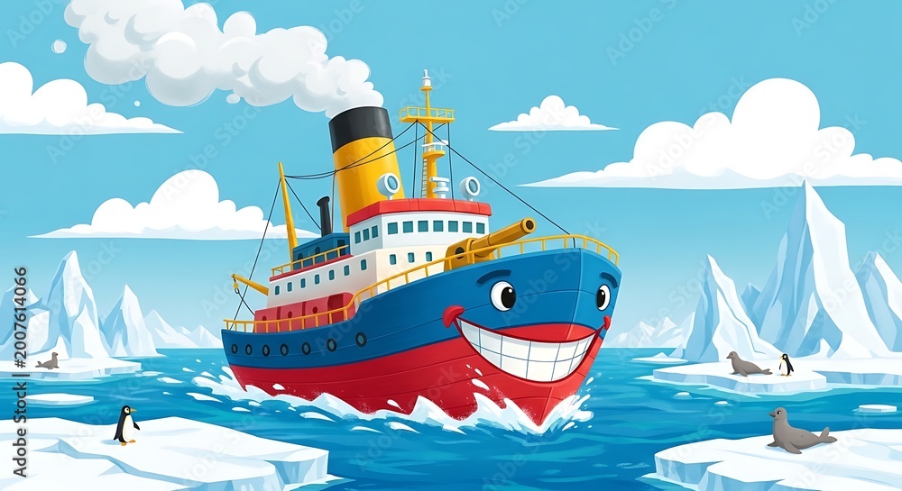Obraz premium Smiling cartoon ship in icy waters.