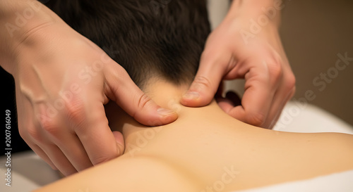 Close up of a person receiving a relaxing neck and shoulder massage.