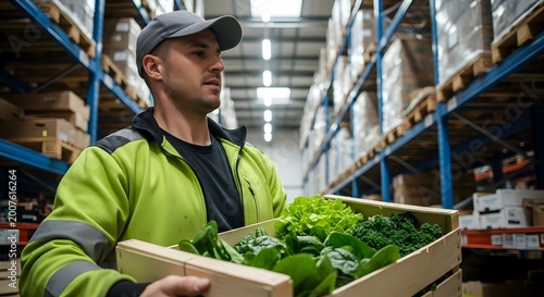 Warehouse worker carrying a wooden crate of fresh green vegetables.