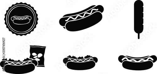 Hot dog icons collection including sausage in bun corn dog and snacks silhouette vector art.