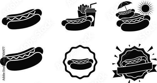 Hot dog vector silhouette illustration, set of line art icons isolated on background.