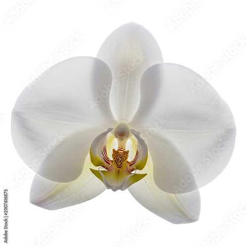 Beautiful single white orchid flower head isolated on white background.