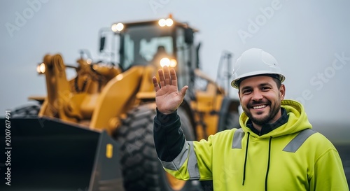 Smiling Construction Worker Waving In Front Of A Heavy Yellow Front Loader Machinery.