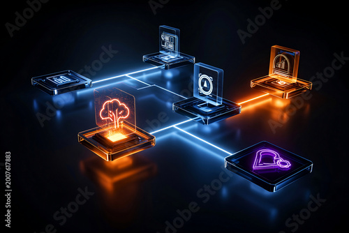 Futuristic Artificial Intelligence System Interface with Glowing Glass Panels and Data Connections