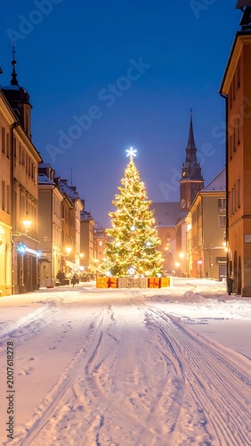 Snowy street with Christmas tree and buildings at dusk