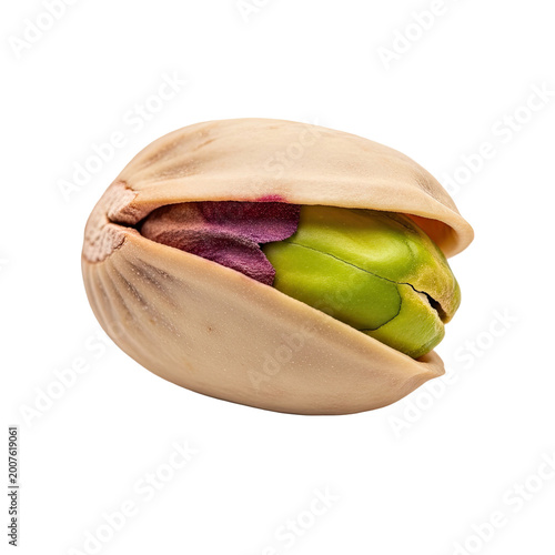 A single raw pistachio nut in its beige shell on white background.